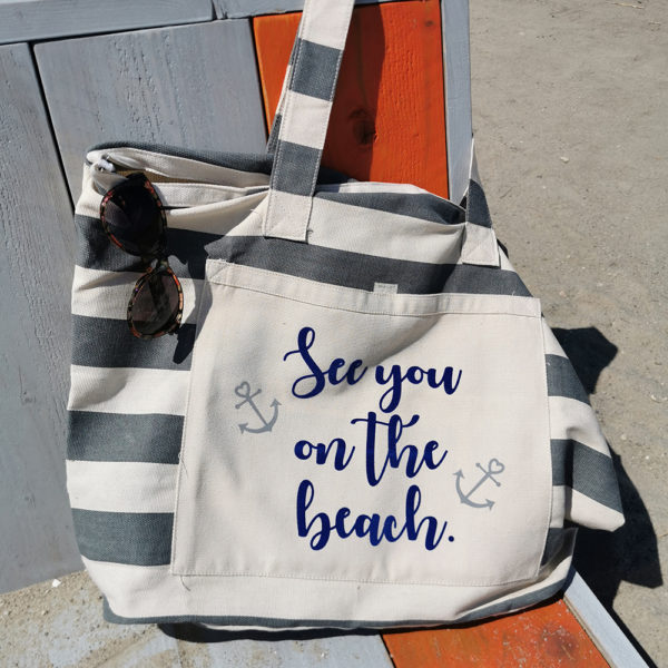 Strandtasche gestreift grau - See you on the beach - 1