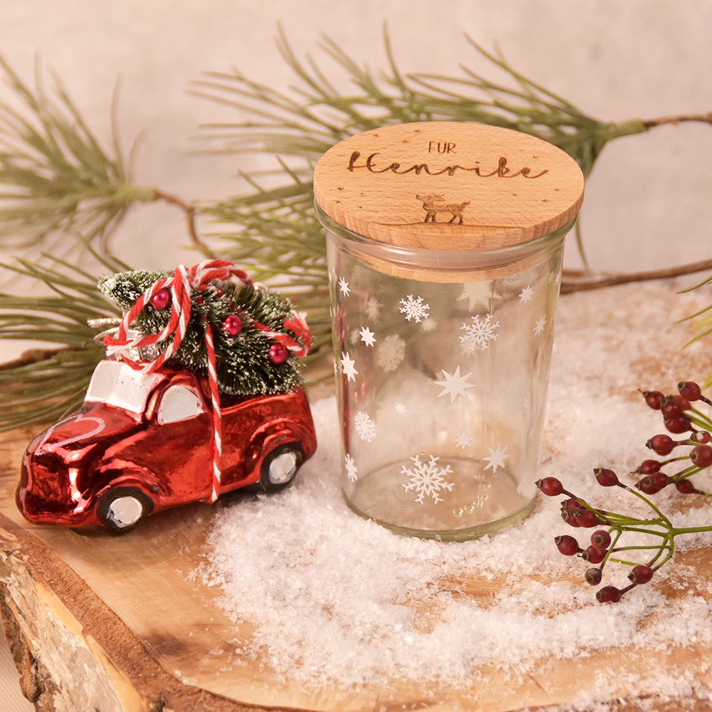 weihnachtsglas mit sternen und holzdeckel | personalisiert | becherglas mit sternen | weihnachtliches keksglas | nachtischglas mit sternen